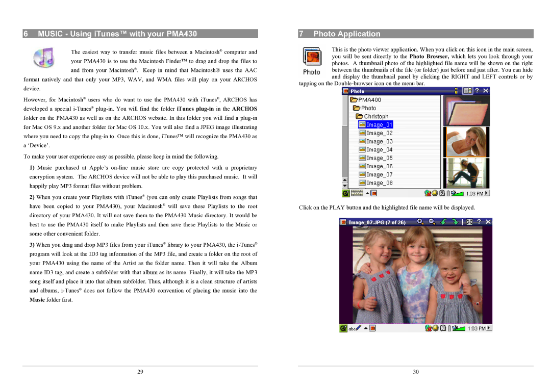 Archos PMA430TM user manual Music Using iTunes with your PMA430, Photo Application 