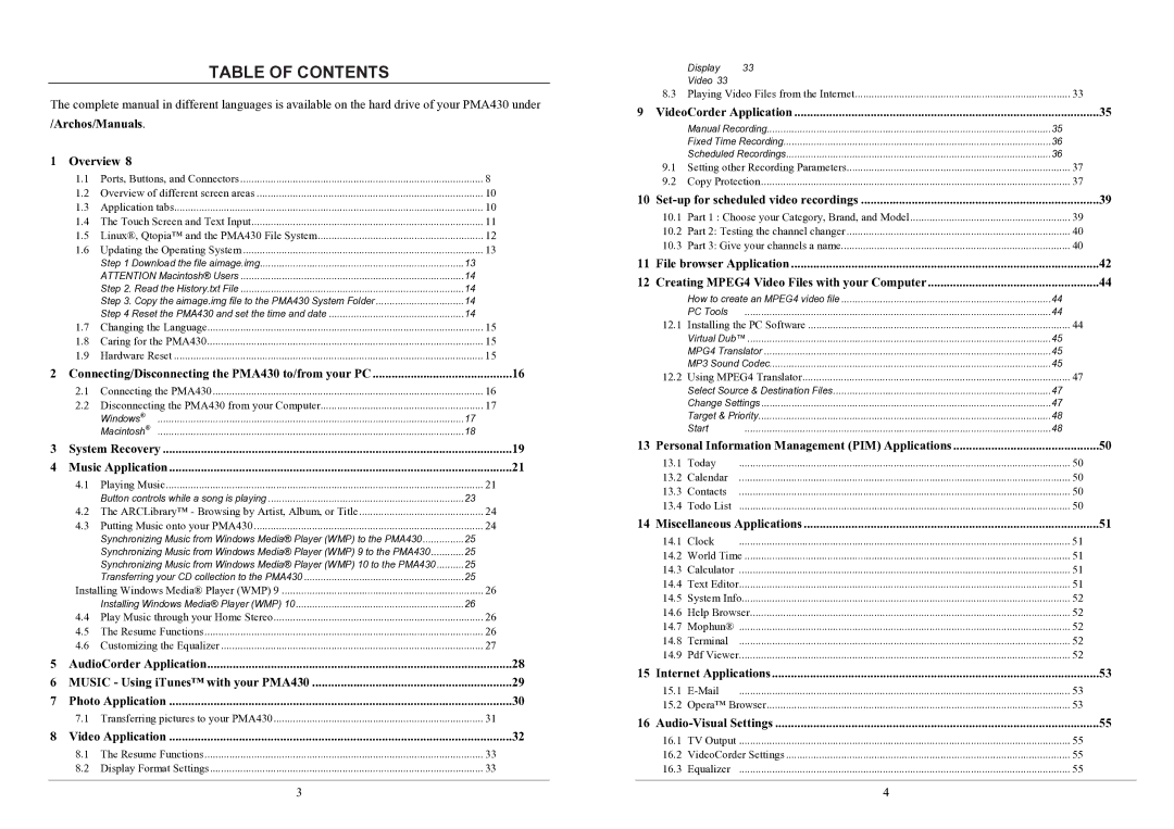 Archos PMA430TM user manual Table of Contents 