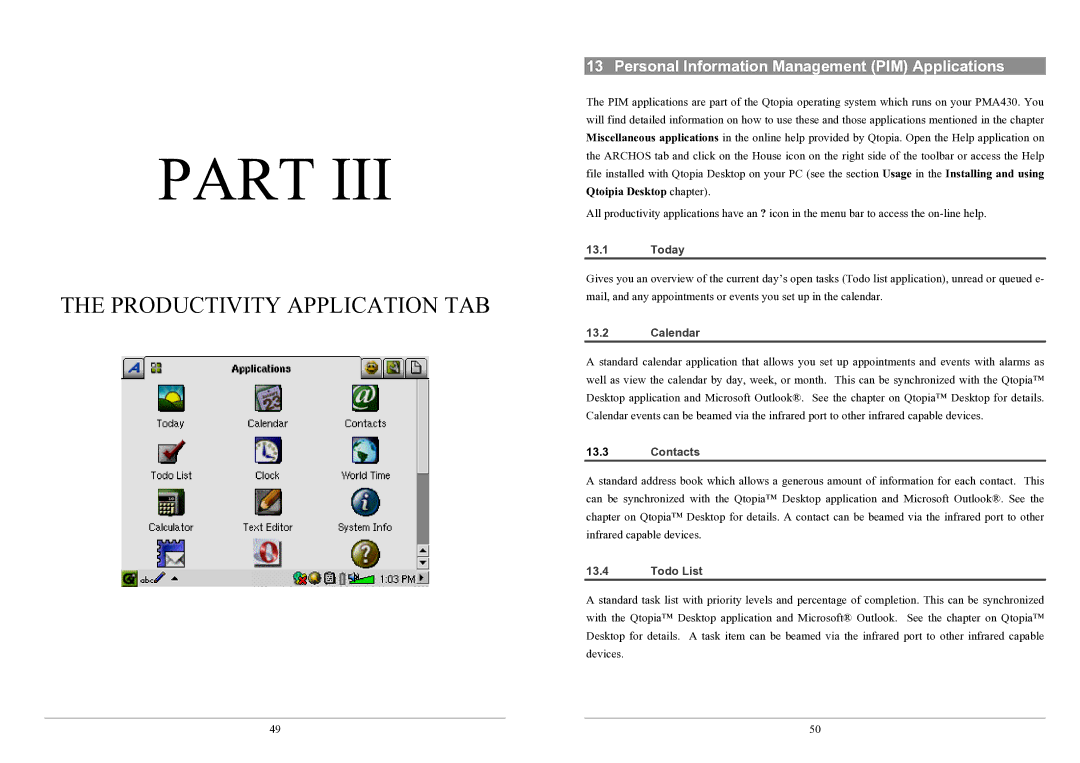 Archos PMA430TM user manual Personal Information Management PIM Applications, Today, Calendar, Contacts, Todo List 