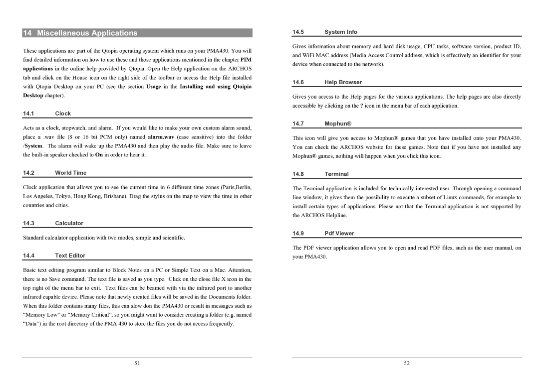 Archos PMA430TM user manual Miscellaneous Applications 