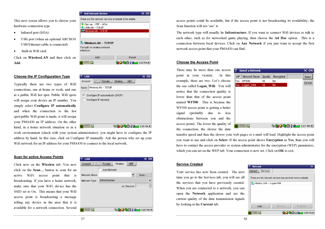 Archos PMA430TM user manual Add, Choose the IP Configuration Type, Scan for active Access Points, Choose the Access Point 