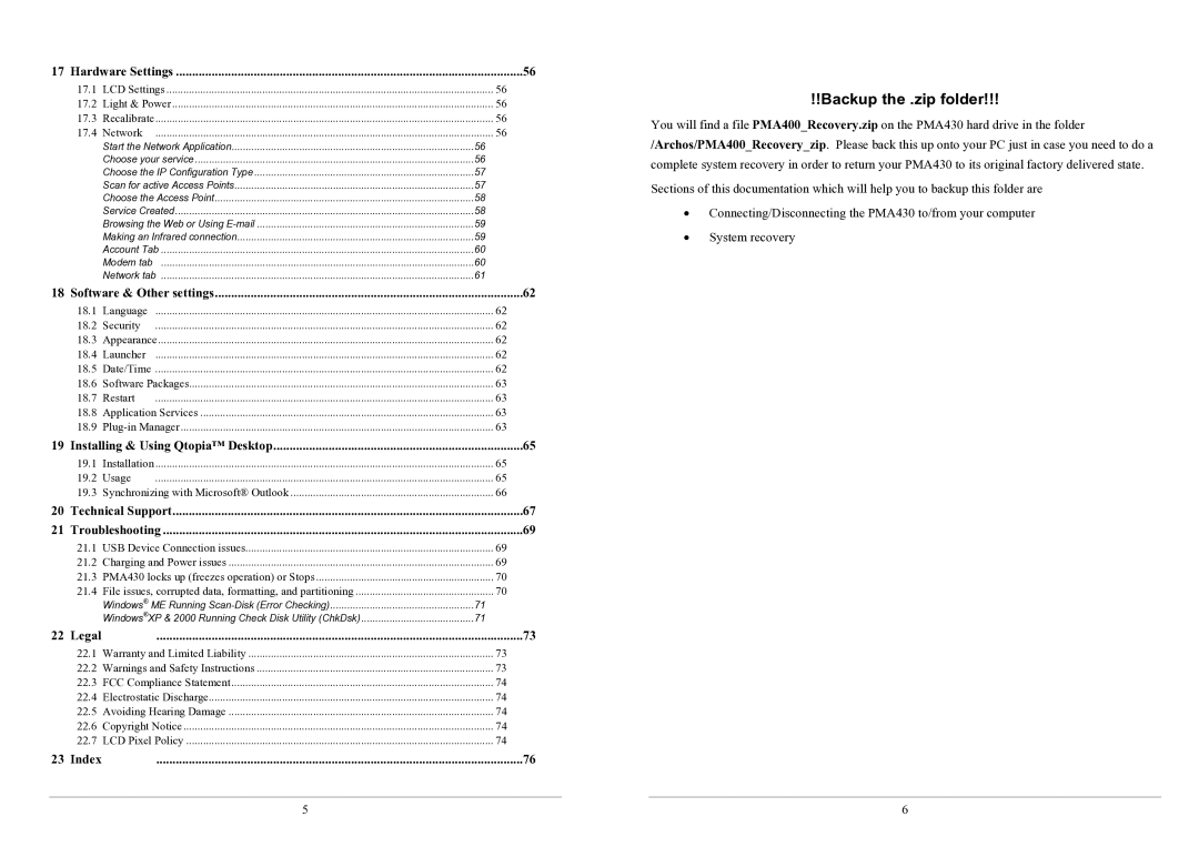 Archos PMA430TM user manual Legal, Index 