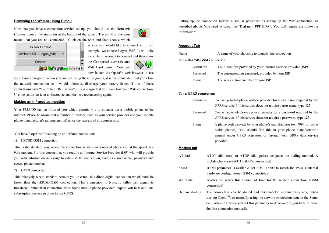 Archos PMA430TM user manual Browsing the Web or Using E-mail, Making an Infrared connection, Account Tab, Modem tab 