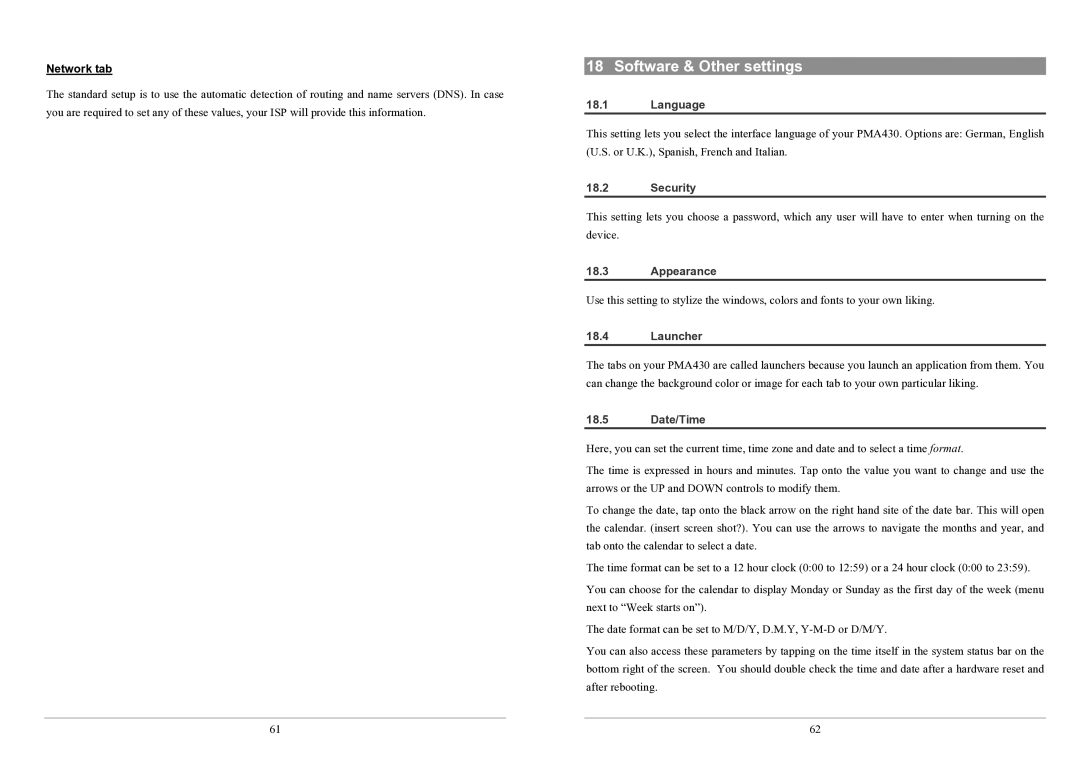 Archos PMA430TM user manual Software & Other settings 