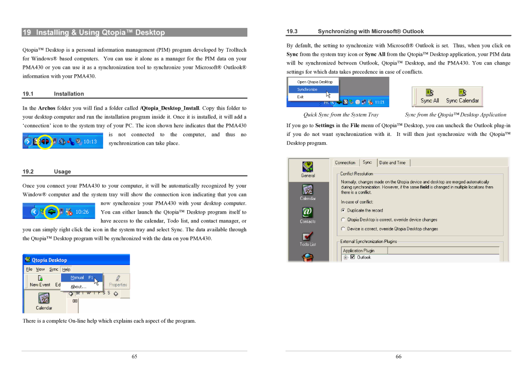 Archos PMA430TM user manual Installing & Using Qtopia Desktop, Installation, Usage, Synchronizing with Microsoft Outlook 