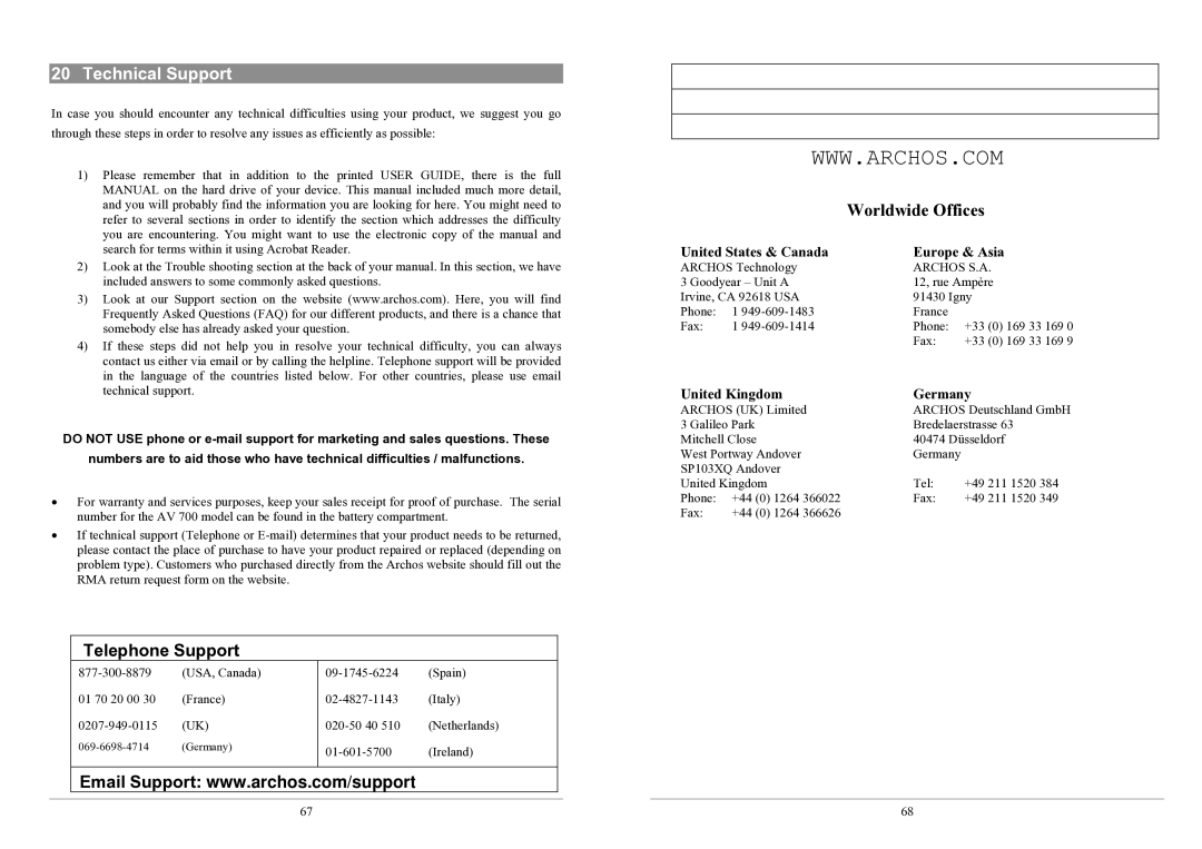 Archos PMA430TM user manual Technical Support, Telephone Support 