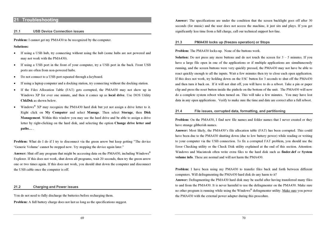 Archos PMA430TM user manual Troubleshooting, USB Device Connection issues, Charging and Power issues 