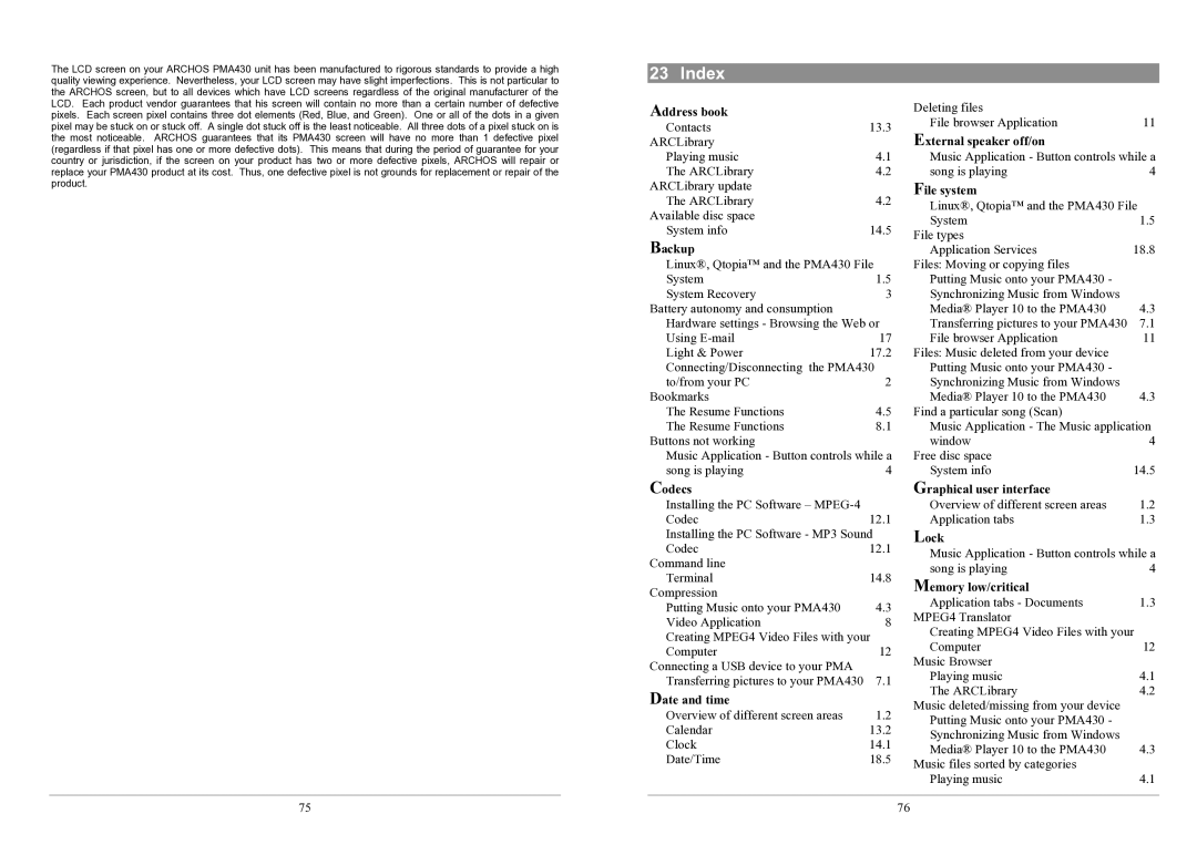 Archos PMA430TM user manual Index 