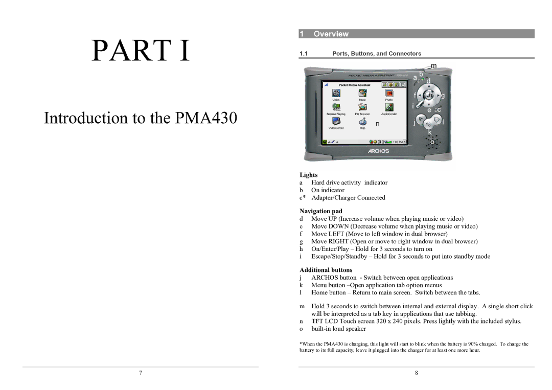 Archos PMA430TM user manual Overview, Ports, Buttons, and Connectors 