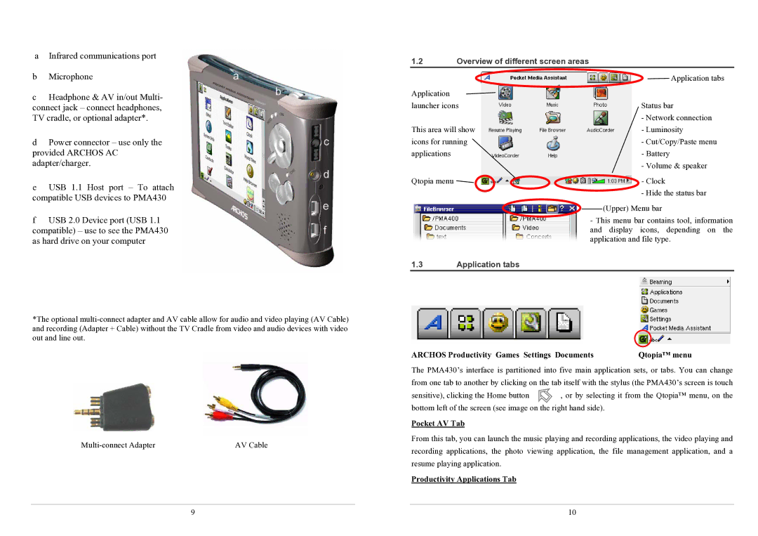 Archos PMA430TM Overview of different screen areas, Application tabs, Archos Productivity Games Settings Documents 