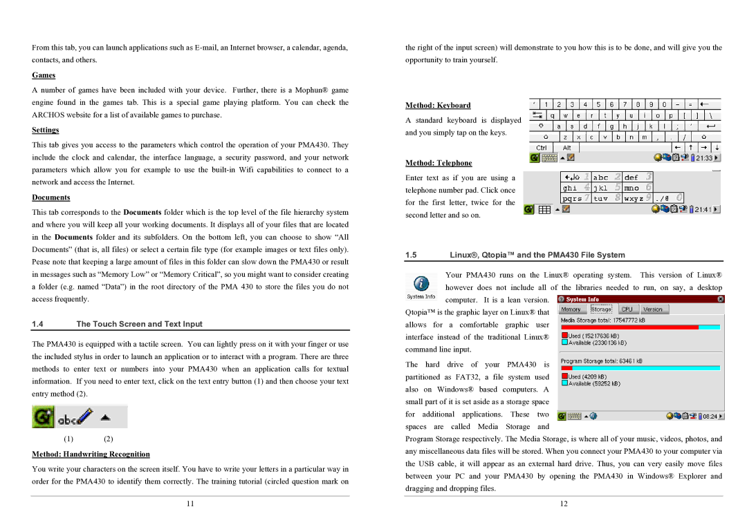 Archos PMA430TM user manual Touch Screen and Text Input, Linux, Qtopia and the PMA430 File System 