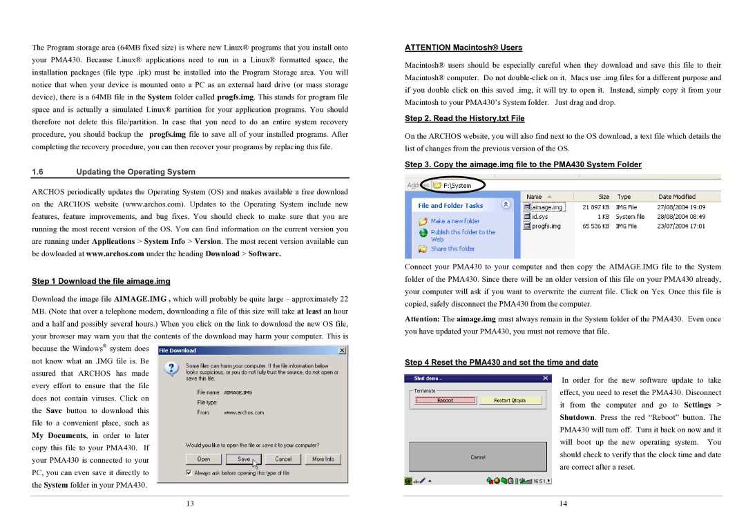 Archos PMA430TM user manual Updating the Operating System, Download the file aimage.img, Read the History.txt File 