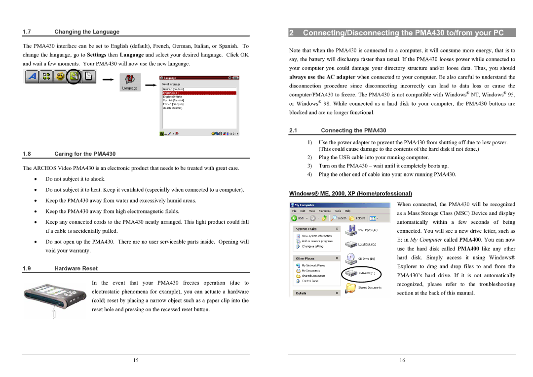 Archos PMA430TM Connecting/Disconnecting the PMA430 to/from your PC, Changing the Language, Caring for the PMA430 