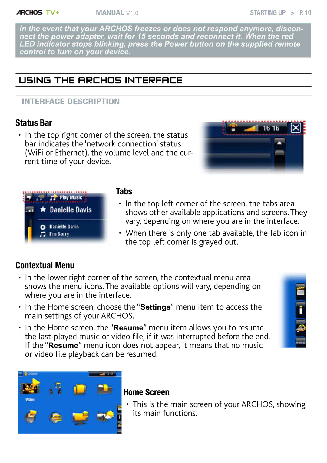 Archos TV+ user manual Using the Archos Interface, Status Bar, Tabs, Contextual Menu, Home Screen 