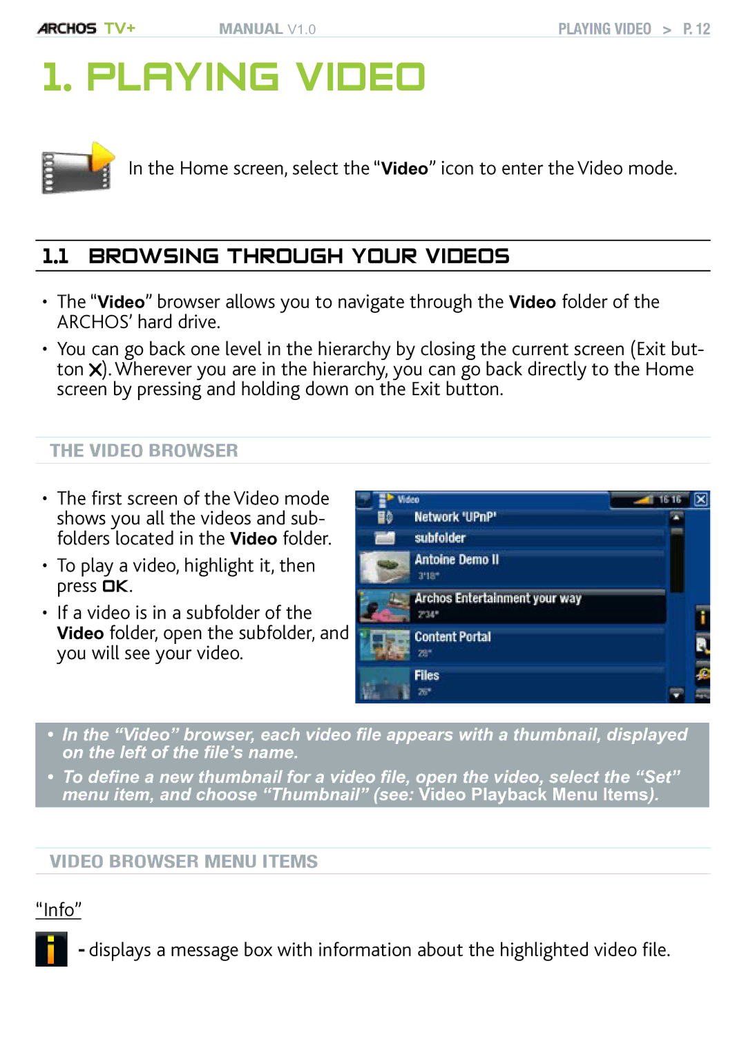 Archos TV+ user manual Playing Video, Home screen, select the Video icon to enter the Video mode 