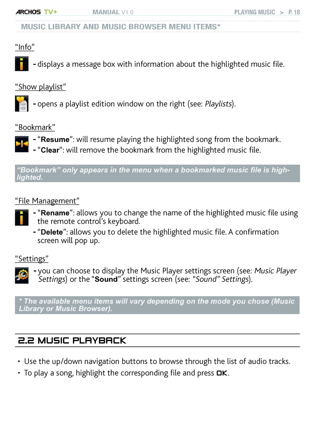 Archos TV+ user manual Music playback, Settings or the Sound settings screen see Sound Settings 