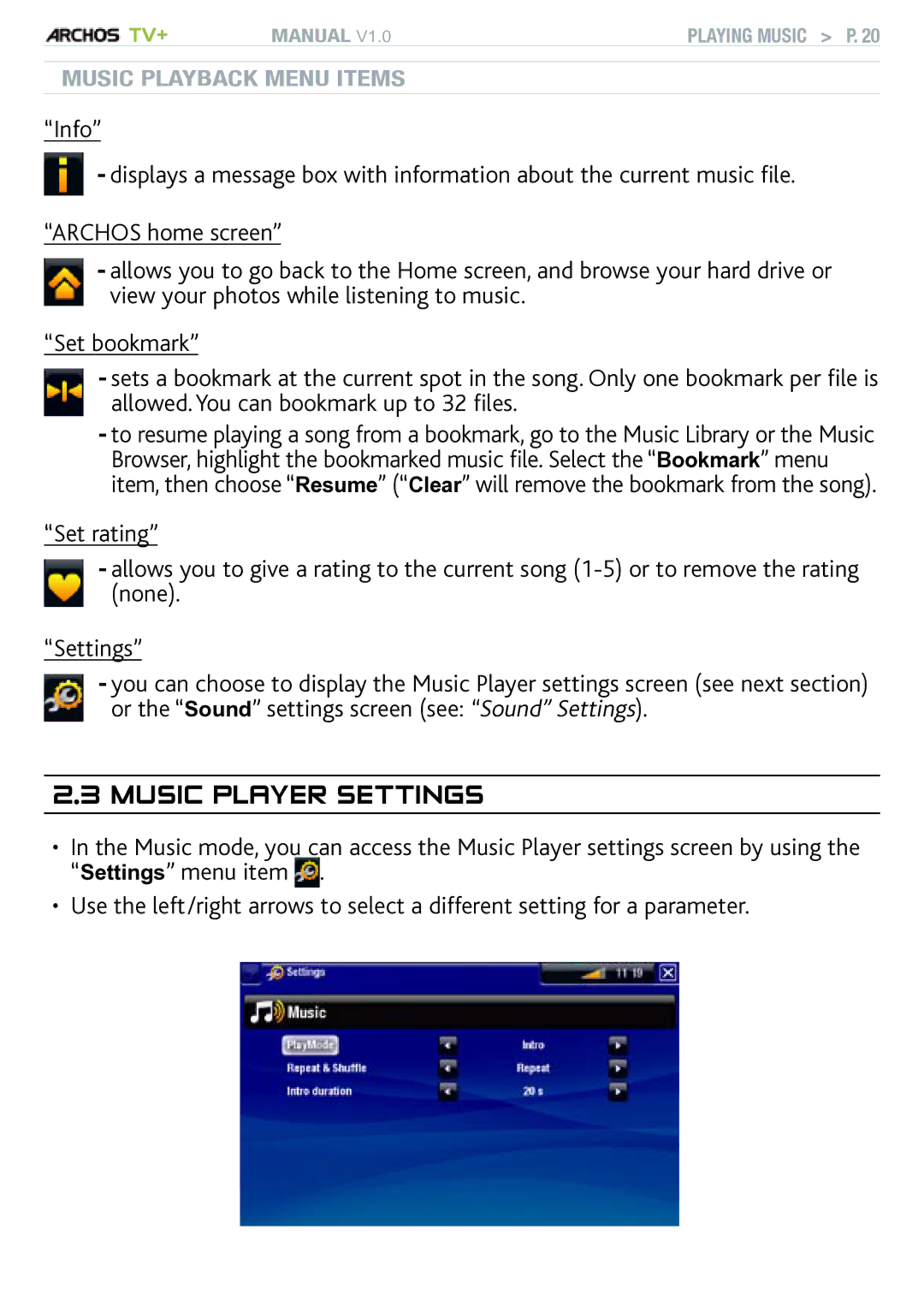 Archos TV+ user manual Music player Settings 