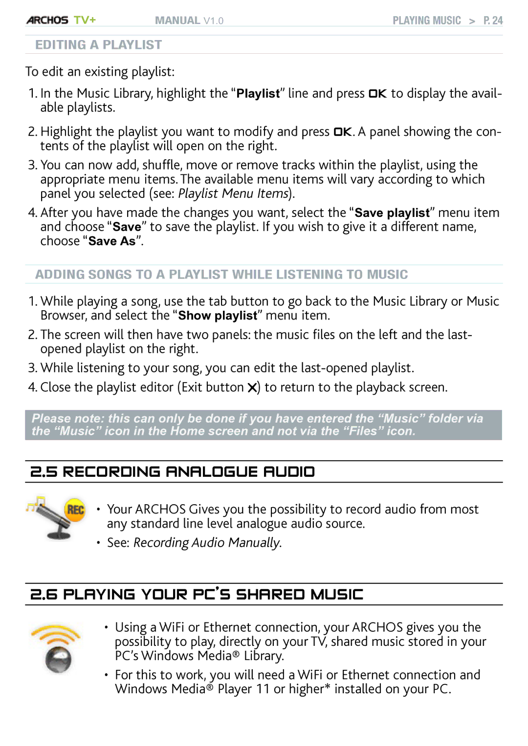 Archos TV+ user manual Recording analogue Audio, Playing your pc’s shared music, See Recording Audio Manually 