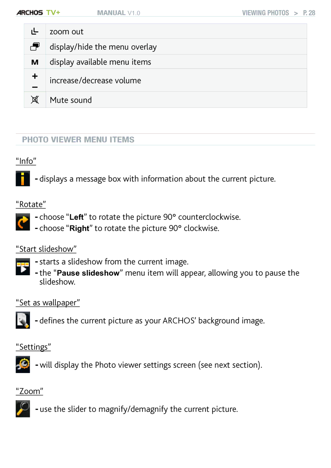 Archos TV+ user manual Photo Viewer Menu Items 