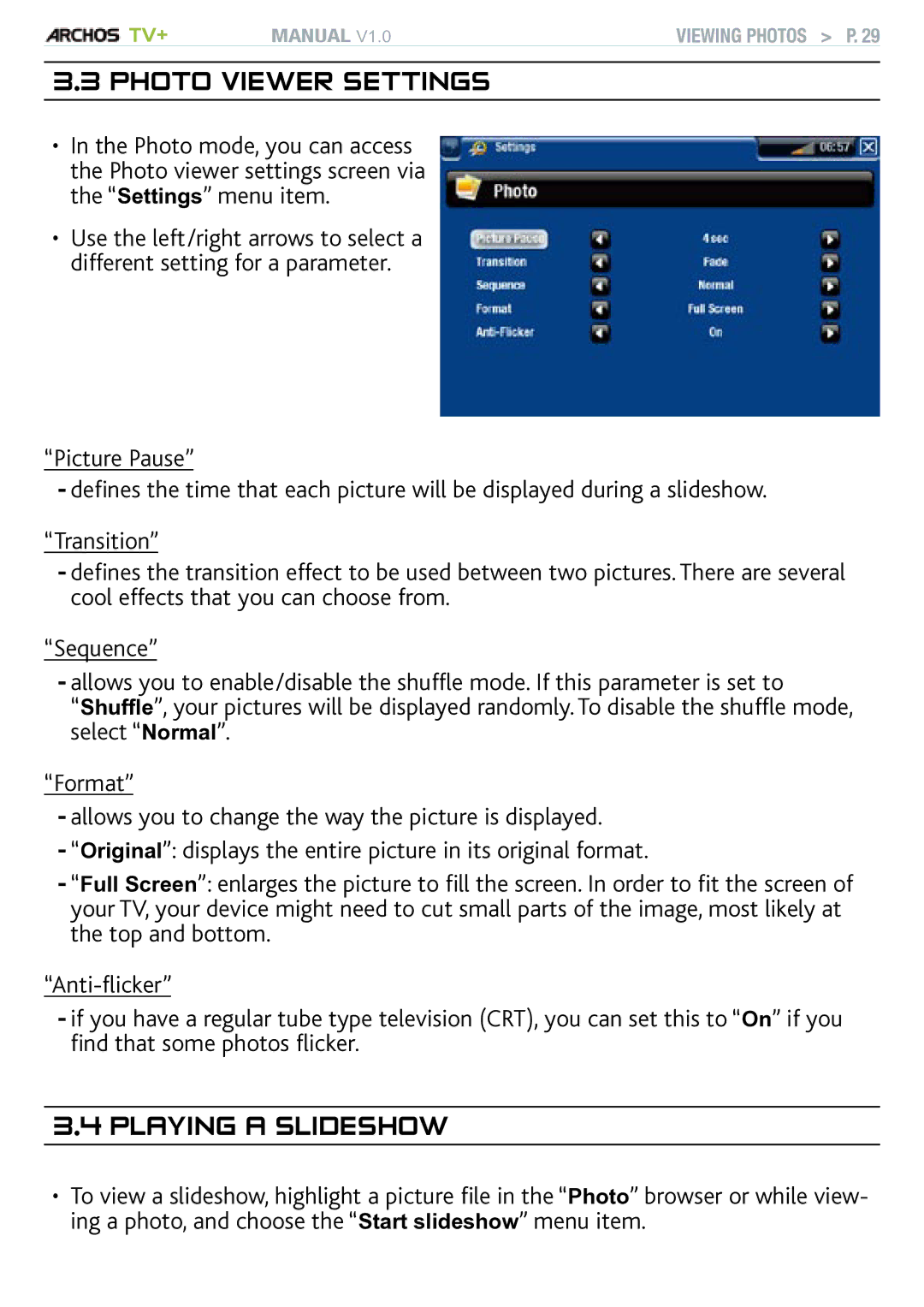 Archos TV+ user manual Photo Viewer Settings, Playing a slideshow 