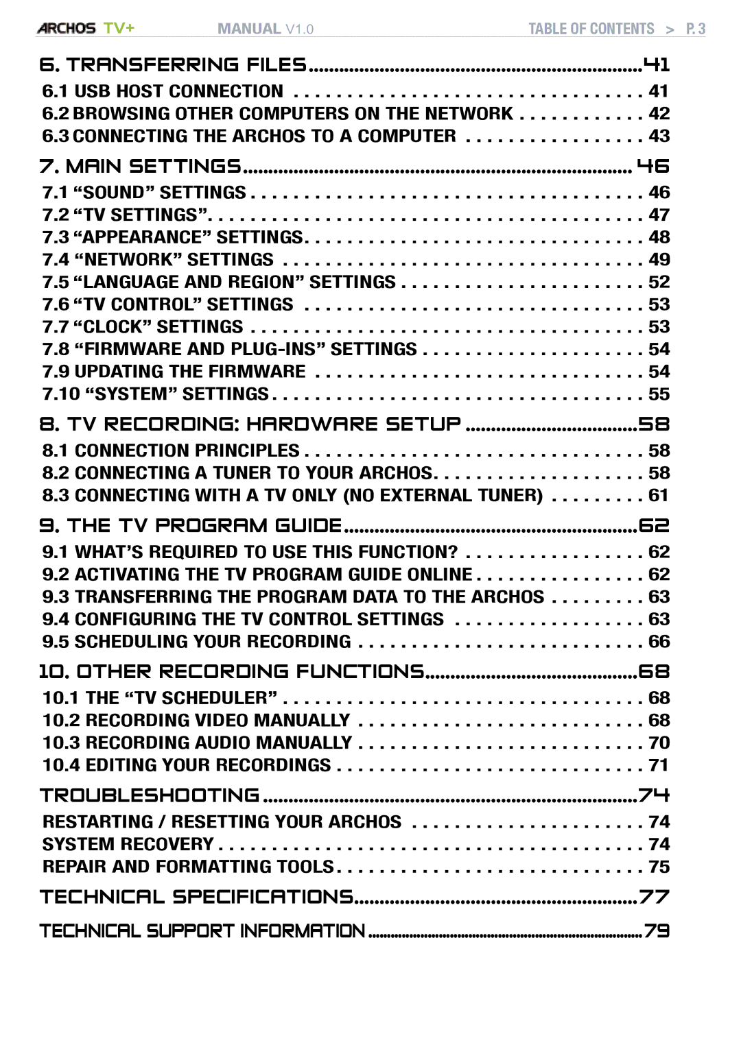 Archos TV+ user manual TV recording hardware setup 