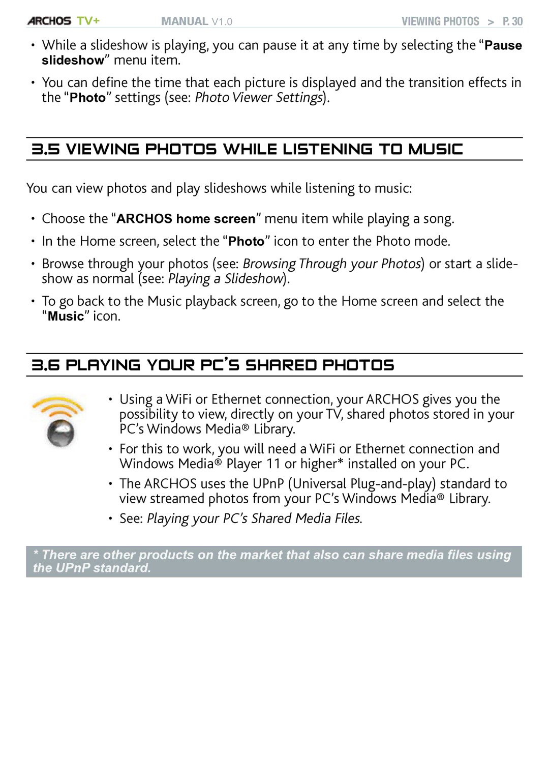 Archos TV+ user manual Viewing Photos While Listening to Music, Playing your pc’s shared photos 