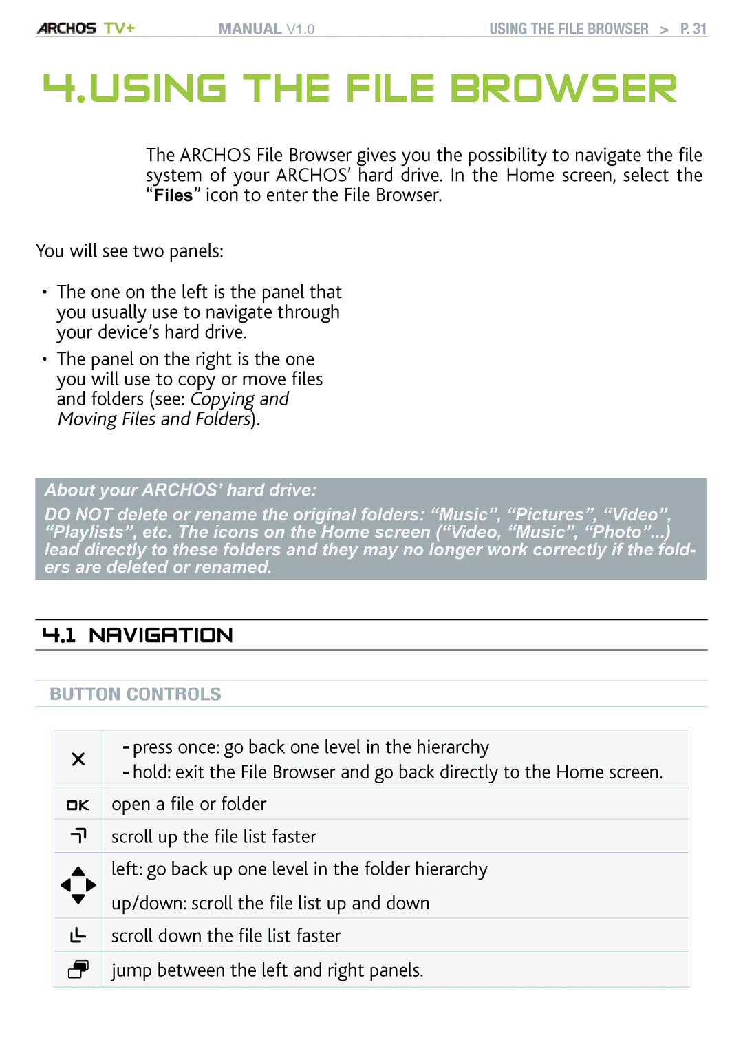 Archos TV+ user manual Using the file Browser, Navigation 