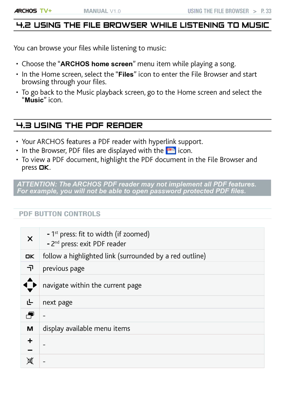 Archos TV+ user manual Using the file browser While Listening to Music 