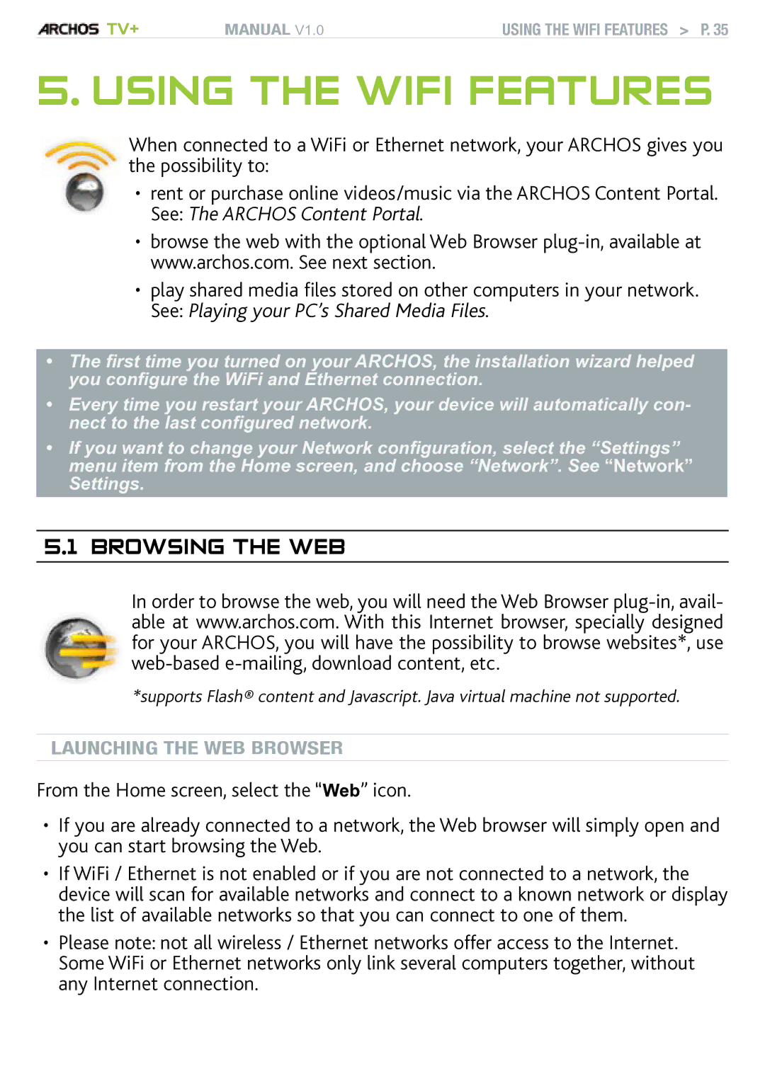 Archos TV+ user manual Using the WiFi Features, Browsing the web 