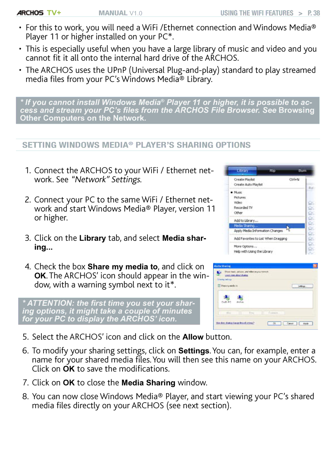 Archos TV+ user manual Setting windows media player’s sharing options 