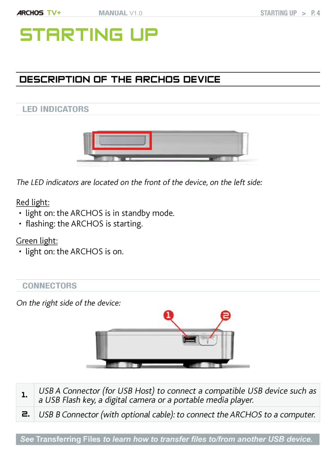 Archos TV+ user manual Starting up, Description of the archos device 