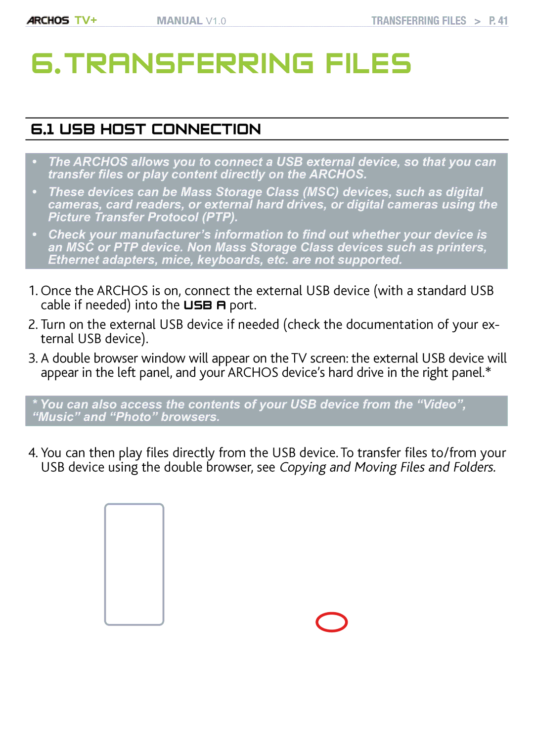 Archos TV+ user manual Transferring Files, USB Host Connection 