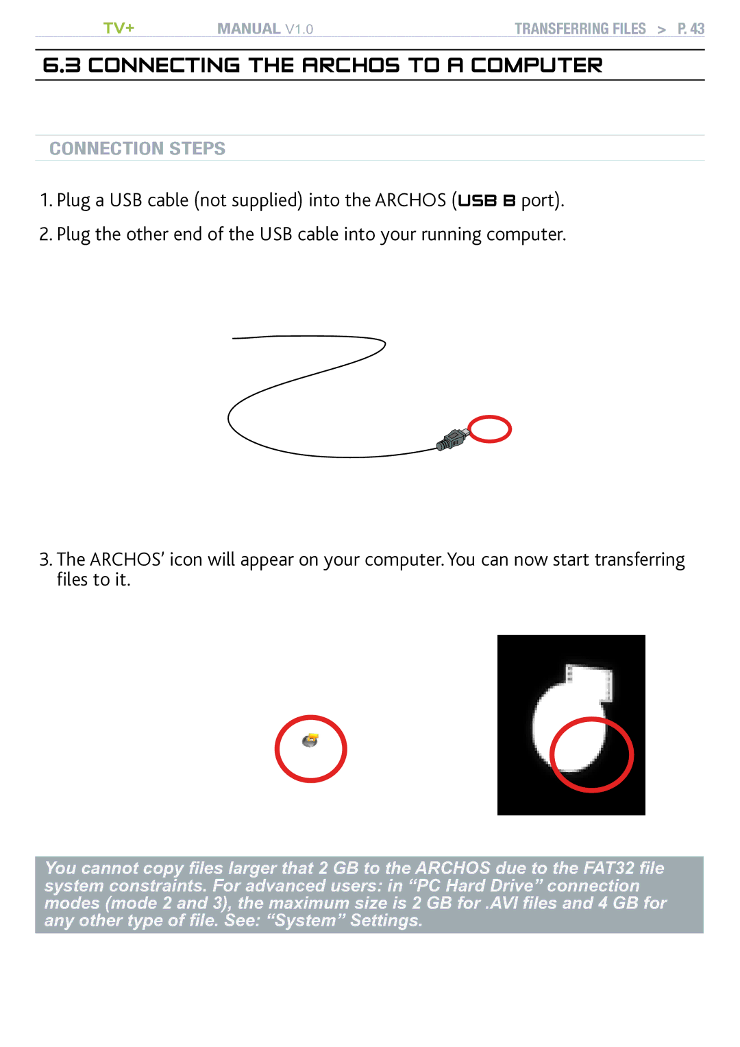 Archos TV+ user manual Connecting the archos to a computer 