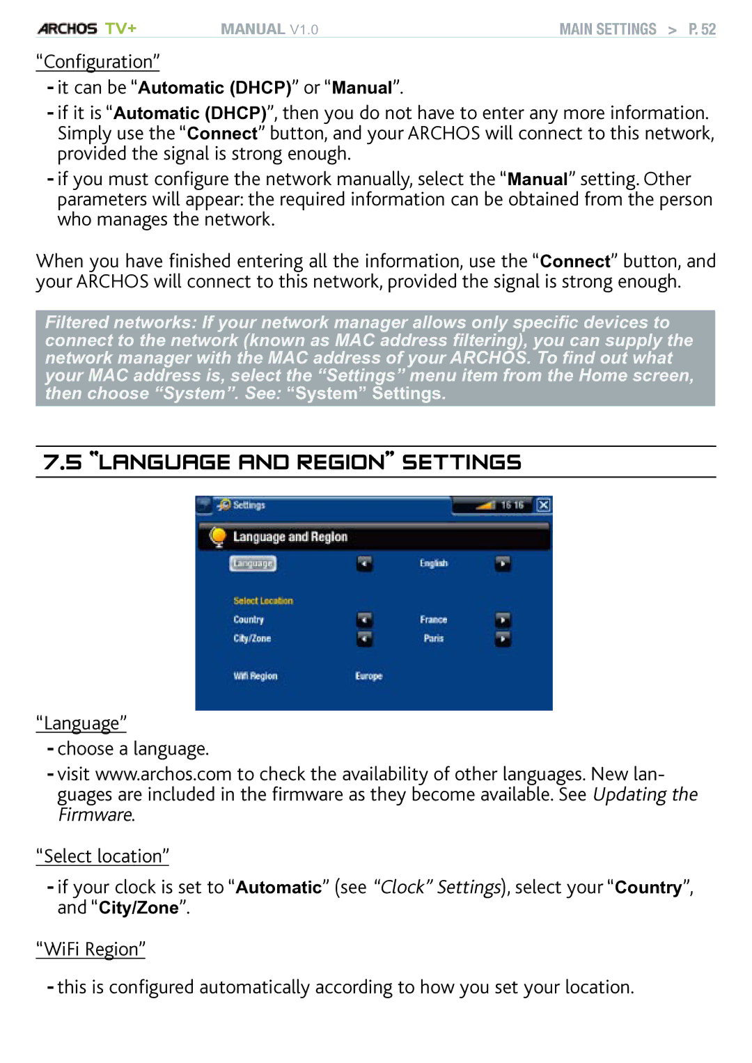 Archos TV+ user manual Language and region Settings, Configuration, Language Choose a language Select location 