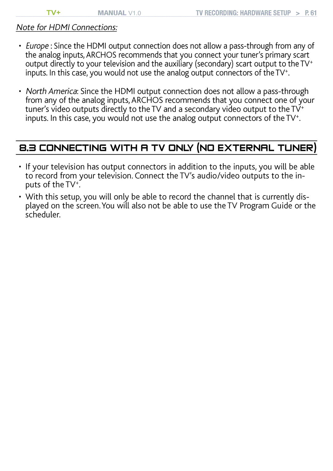 Archos TV+ user manual Connecting with a tv only no external tuner 