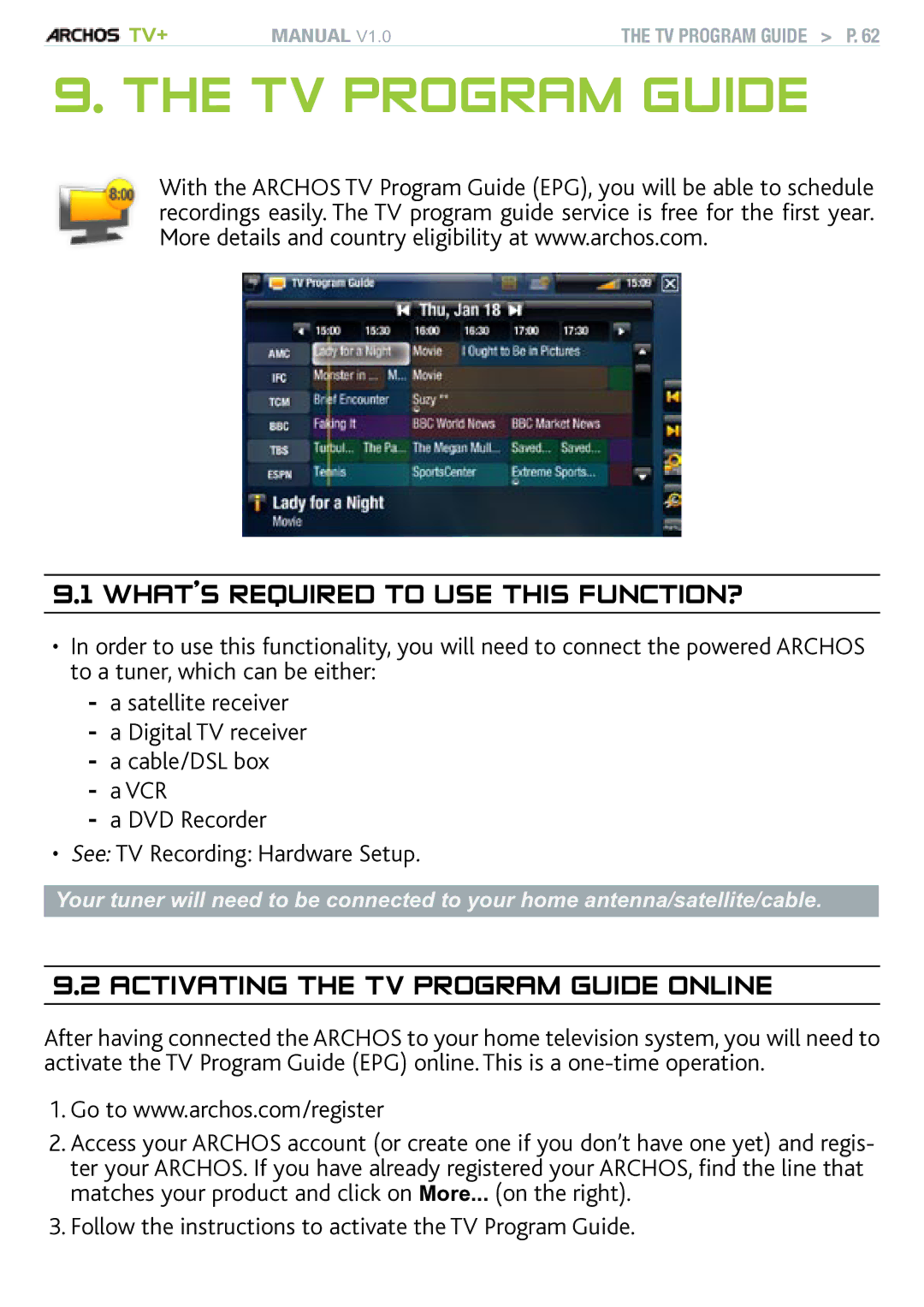 Archos TV+ user manual Tv program Guide, What’s required to use this function?, Activating the TV program guide online 