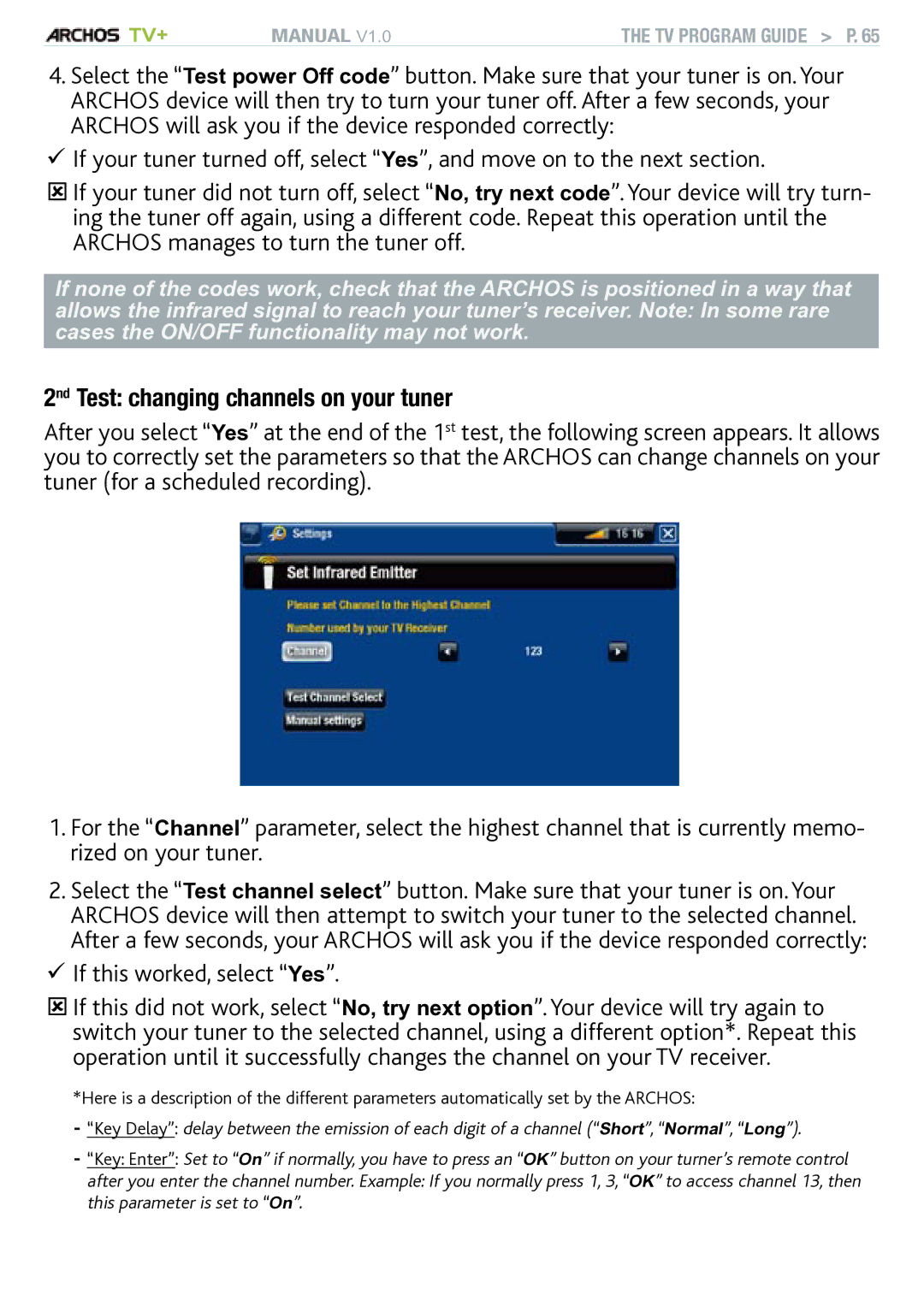 Archos TV+ user manual 2nd Test changing channels on your tuner,  If this worked, select Yes 