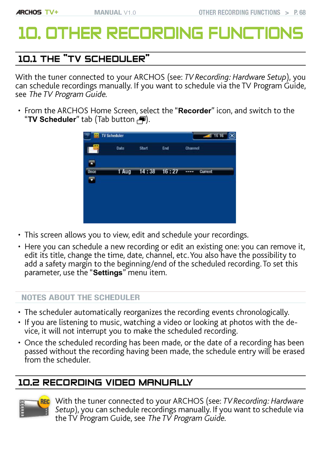 Archos TV+ user manual Other Recording functions, Tv scheduler, Recording video manually 