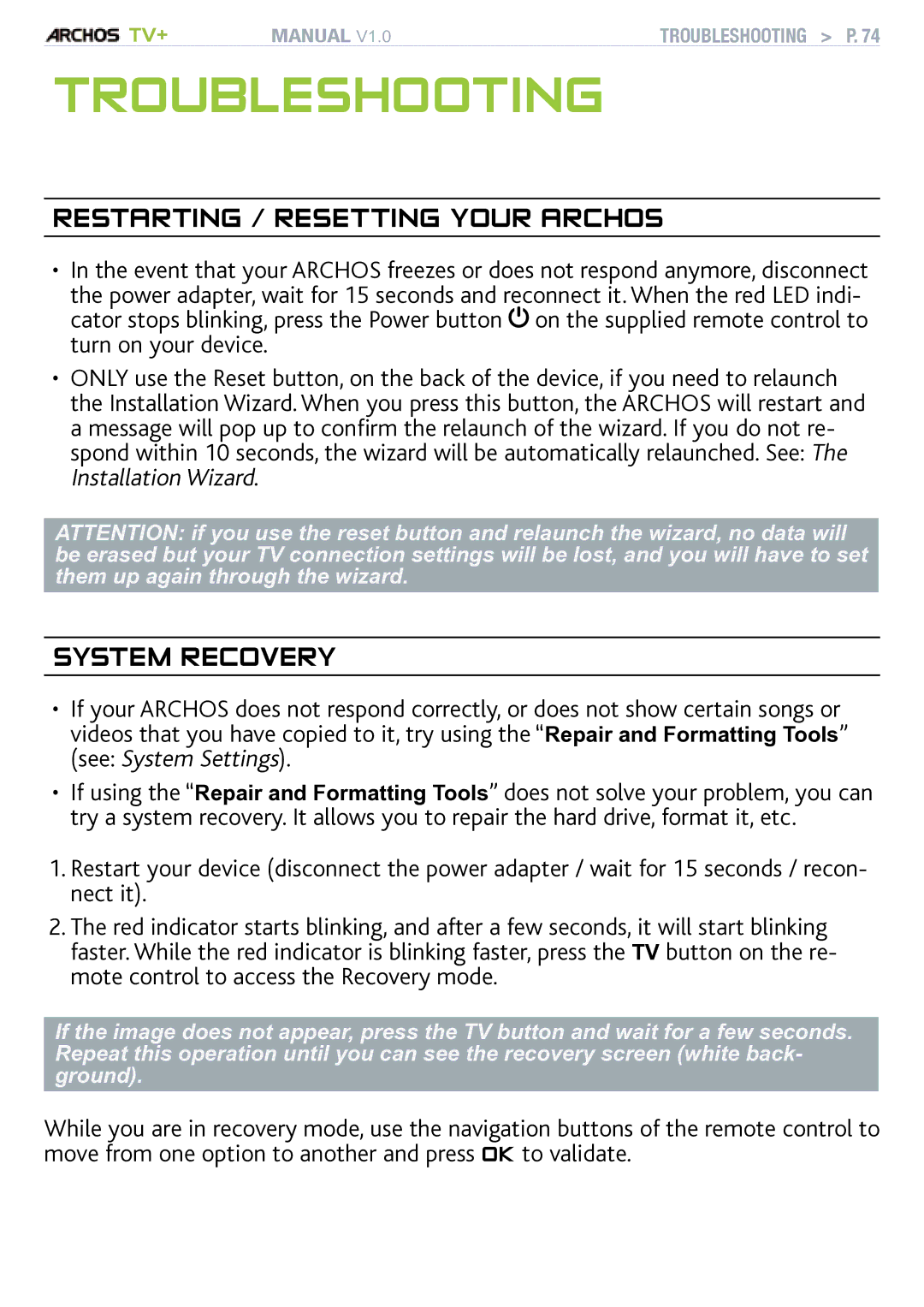 Archos TV+ user manual Troubleshooting, Restarting / Resetting your Archos, System recovery 