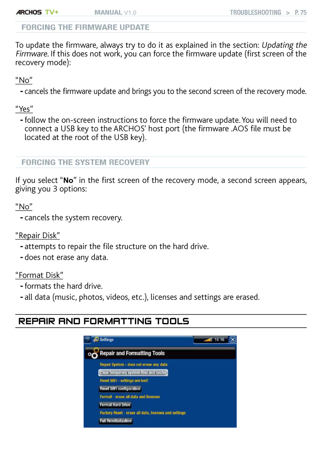 Archos TV+ user manual Repair and Formatting Tools 