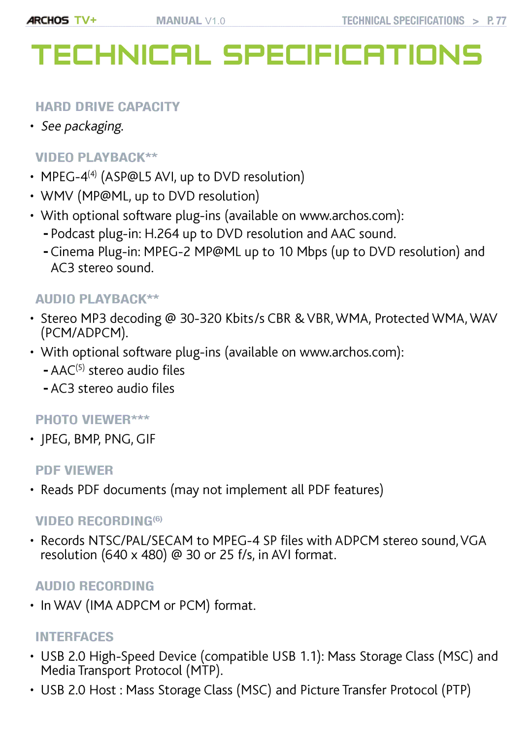 Archos TV+ user manual Technical specifications, See packaging, AAC5 stereo audio files AC3 stereo audio files 