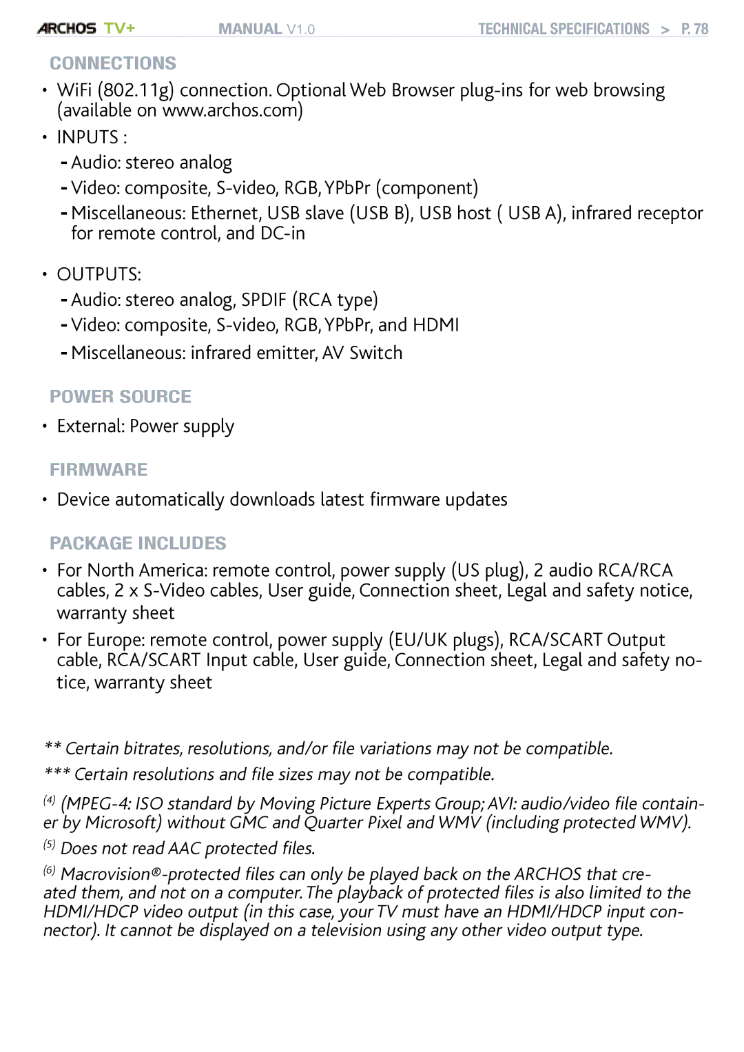 Archos TV+ user manual External Power supply, Device automatically downloads latest firmware updates 