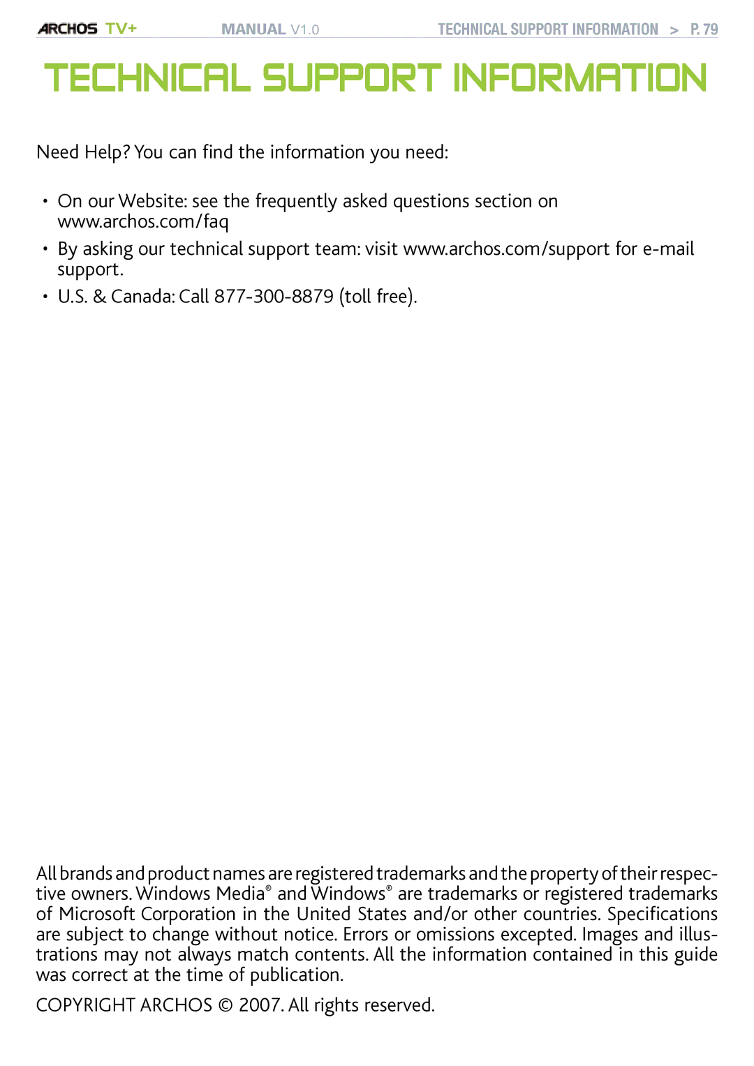 Archos TV+ user manual Technical Support information, Copyright Archos 2007. All rights reserved 