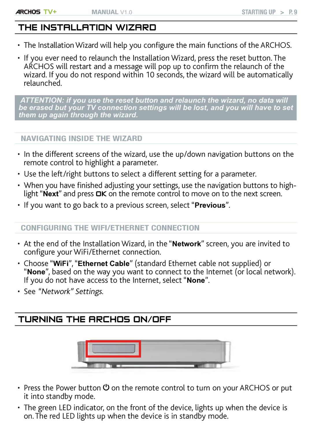 Archos TV+ user manual Installation wizard, Turning the archos on/off, See Network Settings 