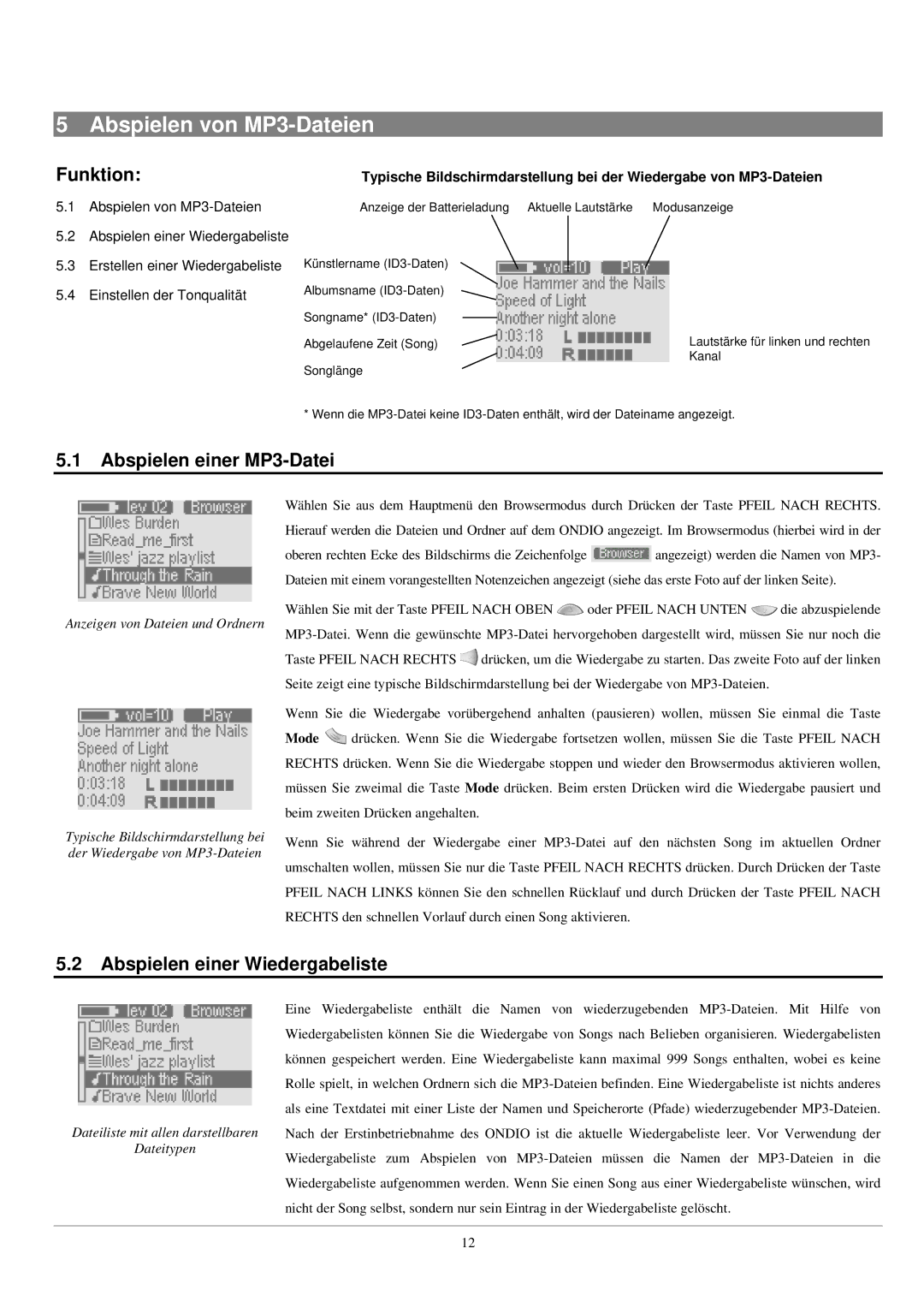 Archos UKW Tuner manual Abspielen von MP3-Dateien, Abspielen einer MP3-Datei, Abspielen einer Wiedergabeliste 