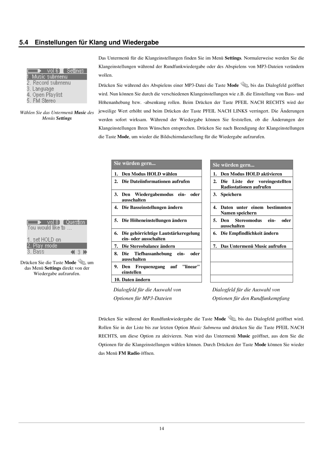 Archos UKW Tuner manual Einstellungen für Klang und Wiedergabe, Wählen Sie das Untermenü Music des 