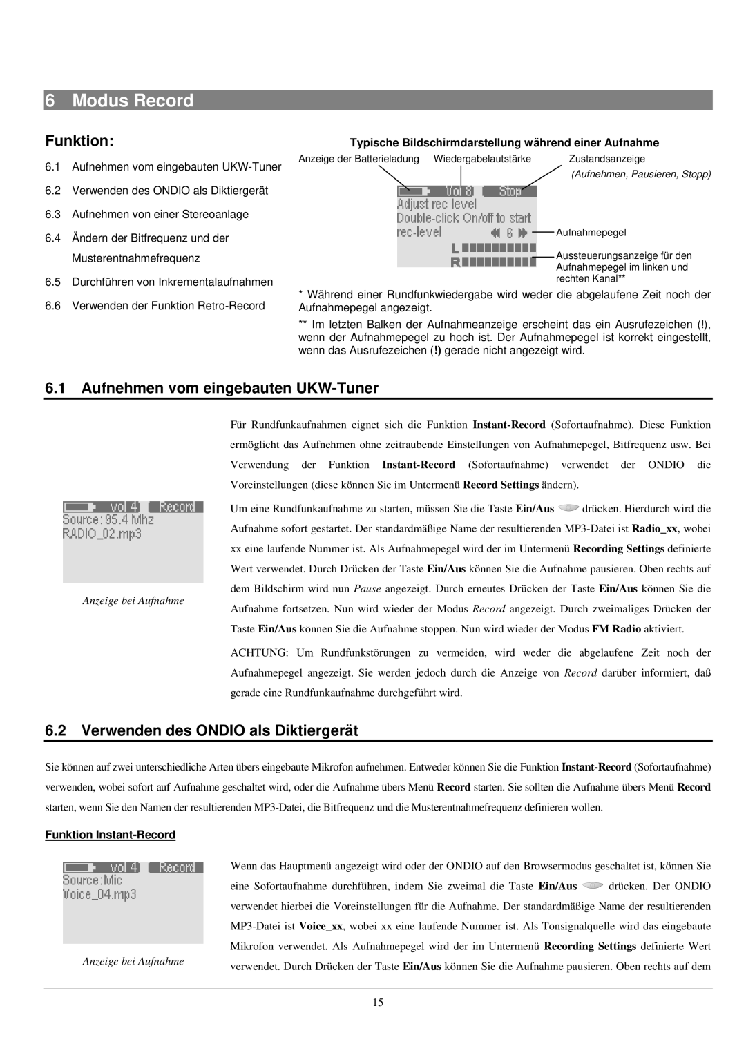 Archos UKW Tuner manual Modus Record, Aufnehmen vom eingebauten UKW-Tuner, Verwenden des Ondio als Diktiergerät 