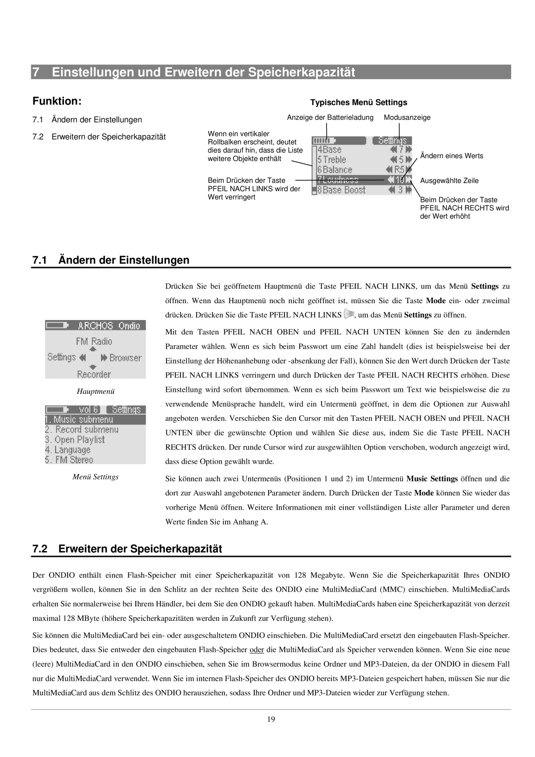 Archos UKW Tuner Einstellungen und Erweitern der Speicherkapazität, Ändern der Einstellungen, Typisches Menü Settings 