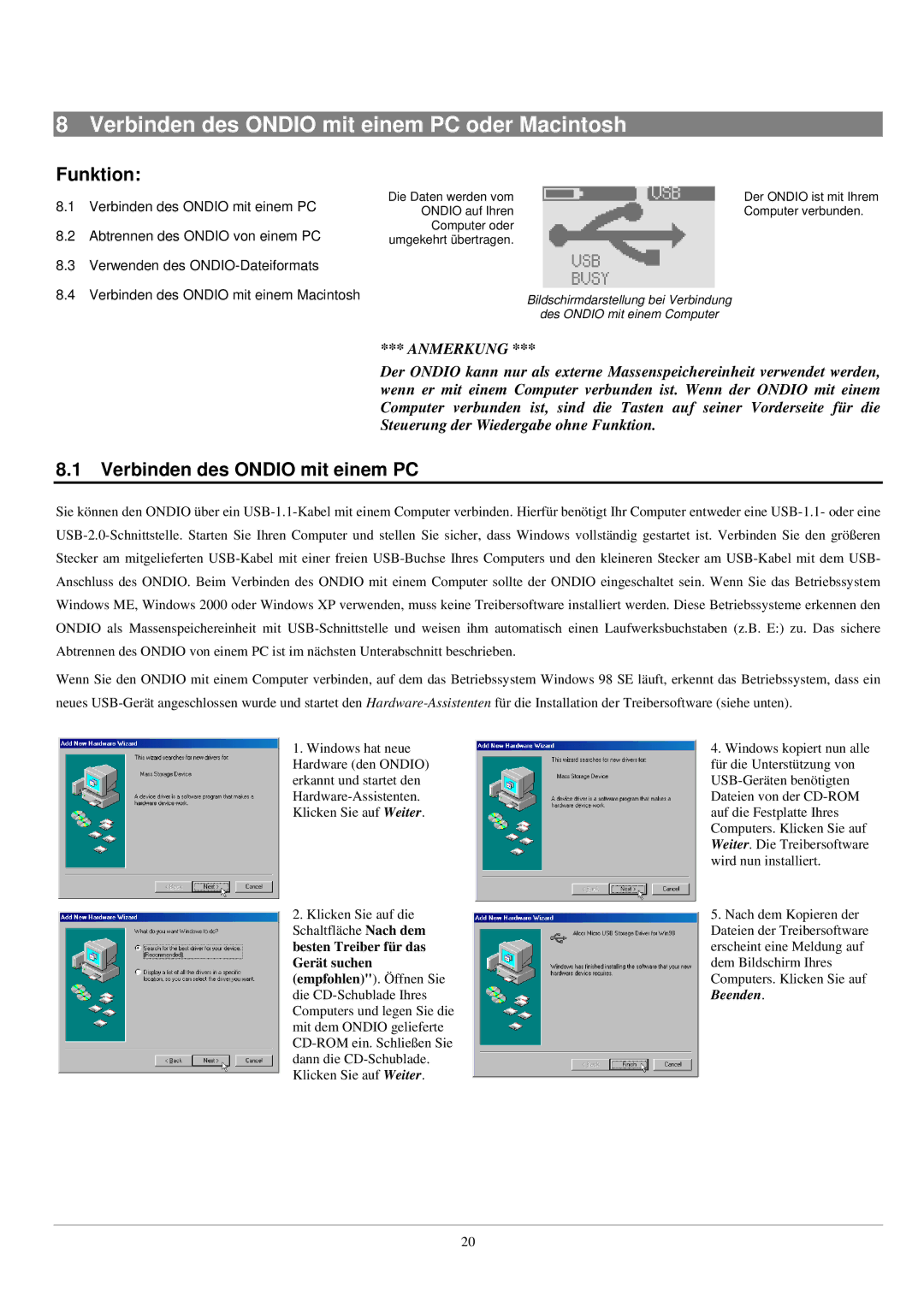 Archos UKW Tuner manual Verbinden des Ondio mit einem PC oder Macintosh Funktion 