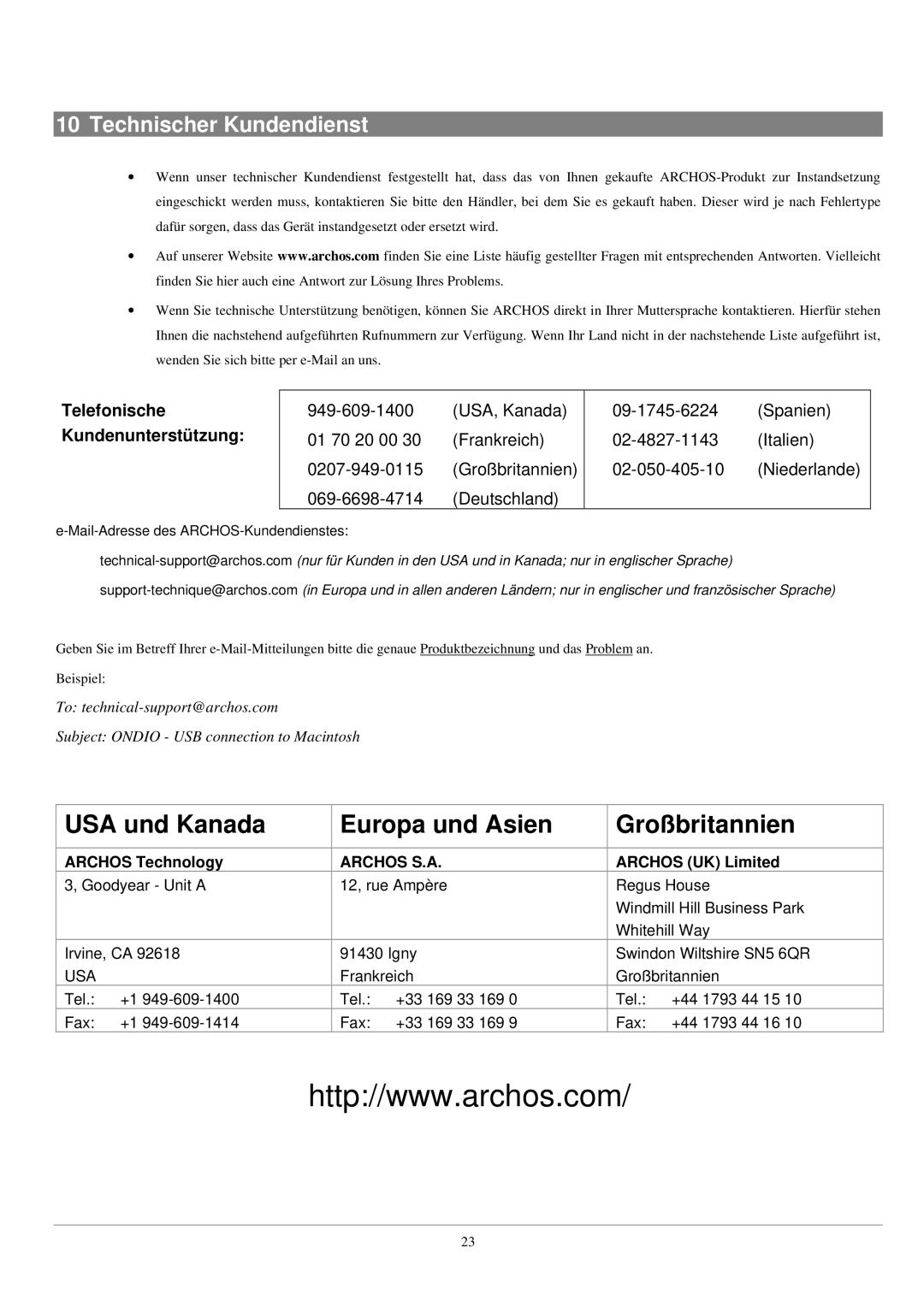 Archos UKW Tuner manual Technischer Kundendienst, Kundenunterstützung 